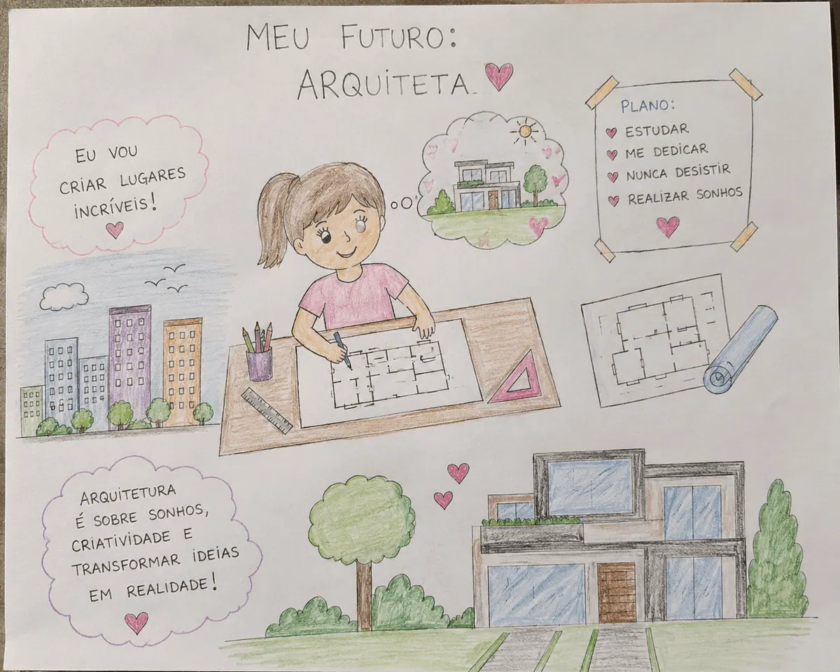 Desenho infantil intitulado “Meu futuro: arquiteta”, com uma menina desenhando uma planta, prédios e uma casa