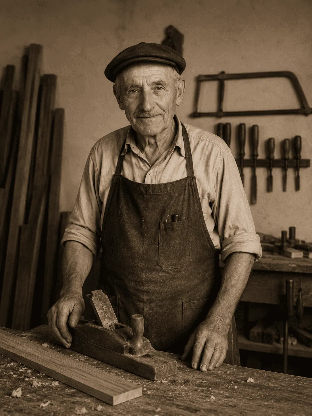 Carpinteiro de boina e avental na oficina de madeira, em foto antiga em tom sépia