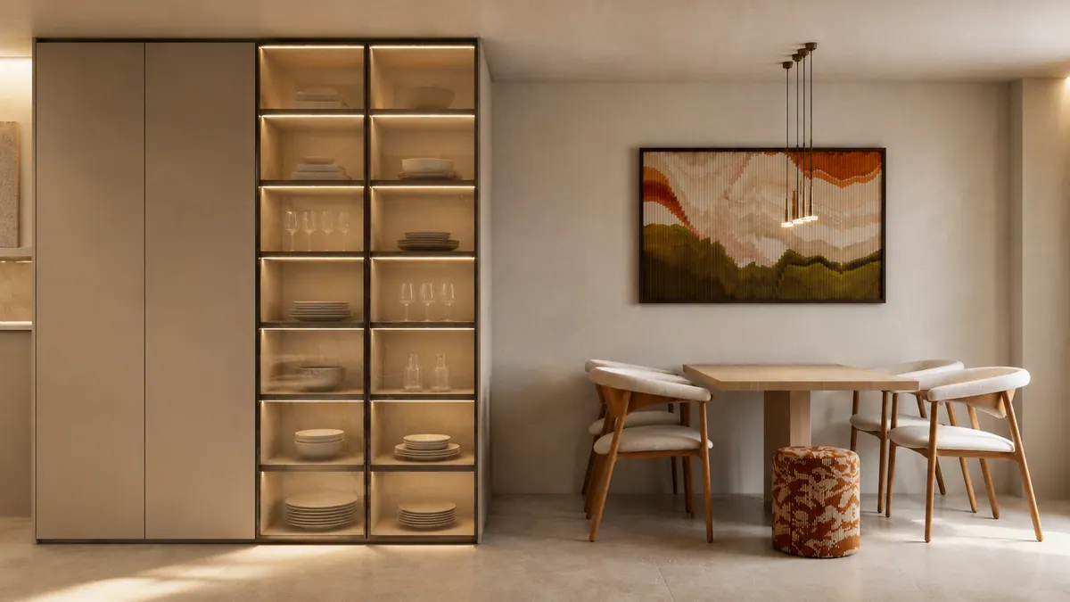 Mesa de jantar com cadeiras de madeira, puff estampado, quadro abstrato e cristaleira iluminada
