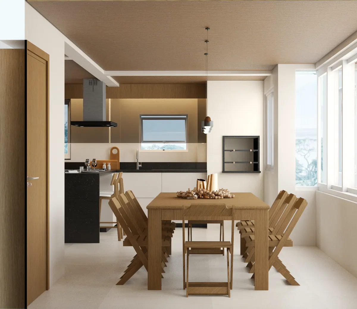 Mesa de jantar de madeira com cadeiras dobráveis, entre a cozinha e as janelas