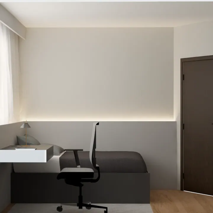 Parede da cama com faixa de luz indireta, meia-parede cinza e porta de madeira escura