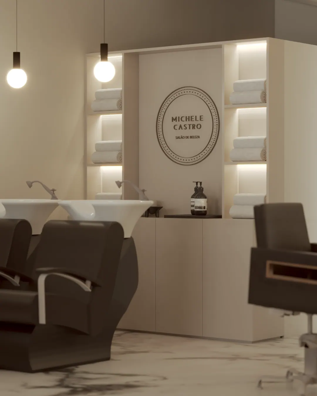 Lavatórios com cadeiras reclináveis diante do painel com o logotipo e nichos iluminados com toalhas